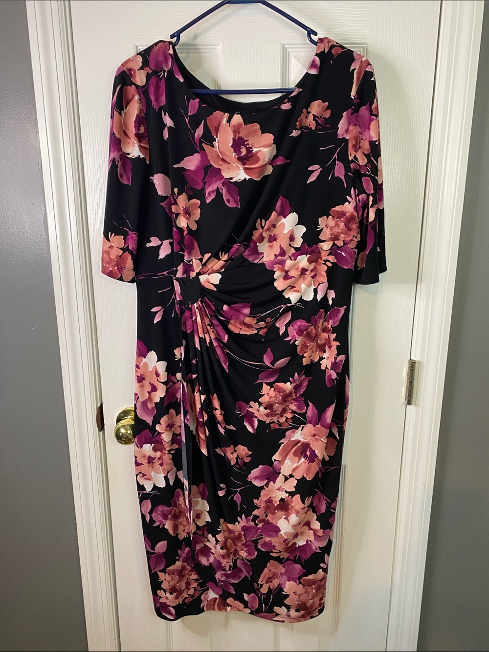 connected apparel Black Midi Dress with Pink & Peach Floral Print Size 14.